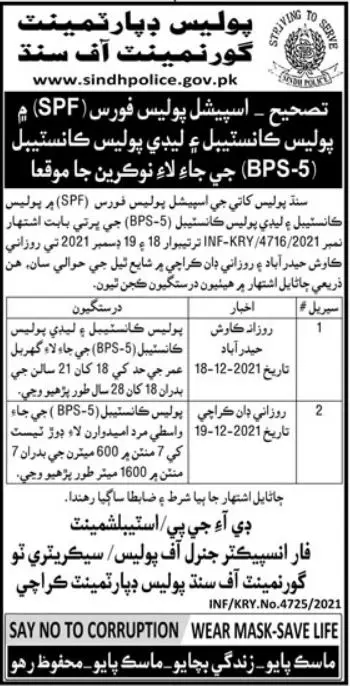 Jobs in karachi Policr department Sindh – Police Department Sindh Jobs 2021 — original advertisement