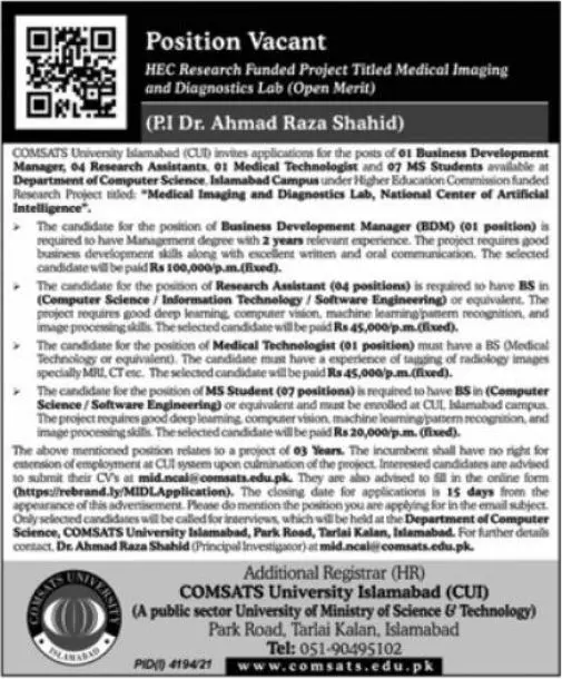Jobs in pakistan Comsats university islamabad Jobs 2021 — original advertisement