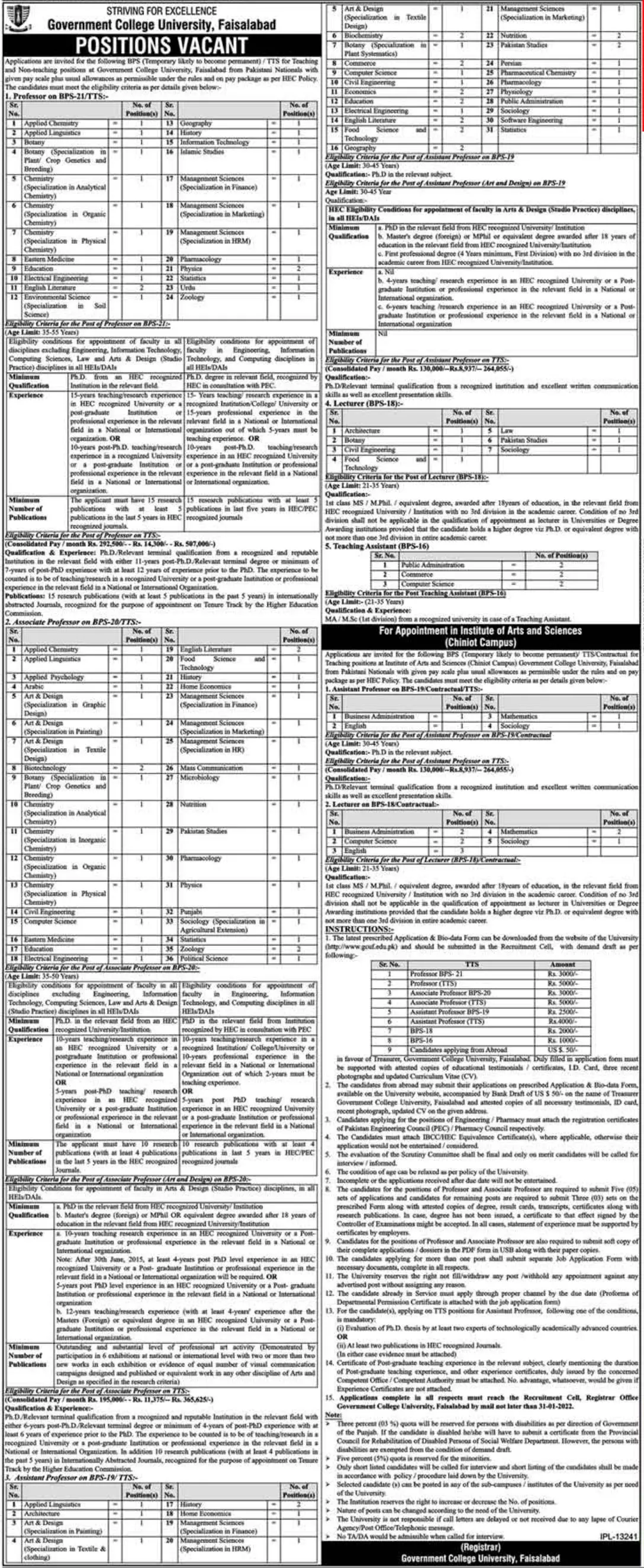 Jobs in pakistan GC University Faisalabad – Govt of Punjab Jobs 2021 — original advertisement