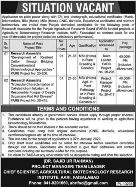 Jobs in pakistan BIOTECHNICAL RESEARCH Faisalabad – Govt of Punjab Jobs 2021 — original advertisement