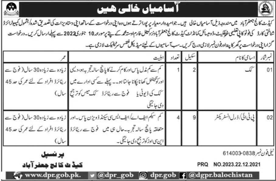 jobs at cadet college jaffarabad Jobs 2021 — original advertisement