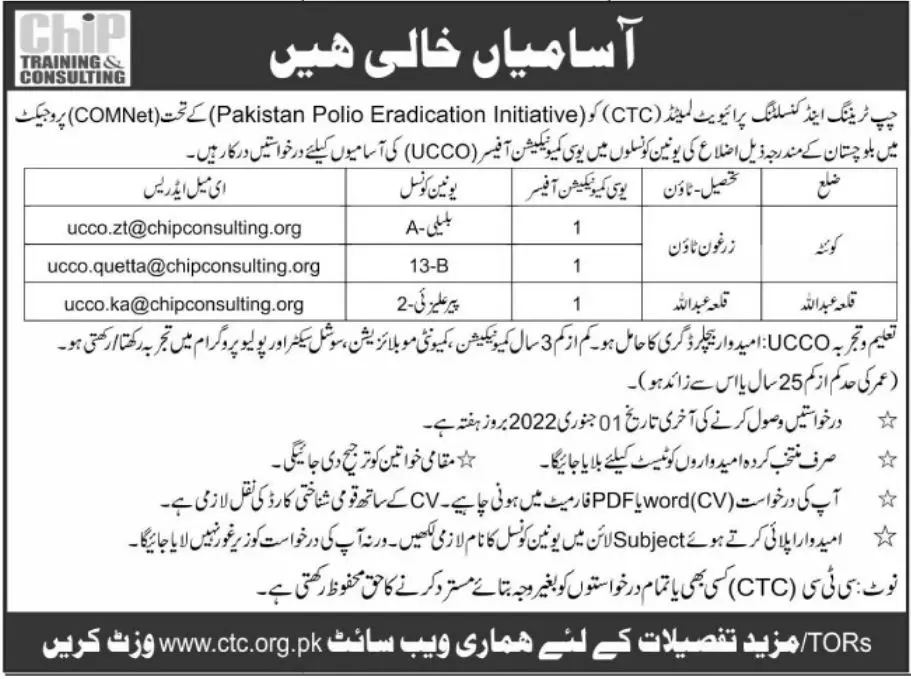 Jobs at pakistan polio  Eradicaation Initiative  Balochistan – Chip Training Consulting Pvt Ltd Jobs 2021 — original advertisement