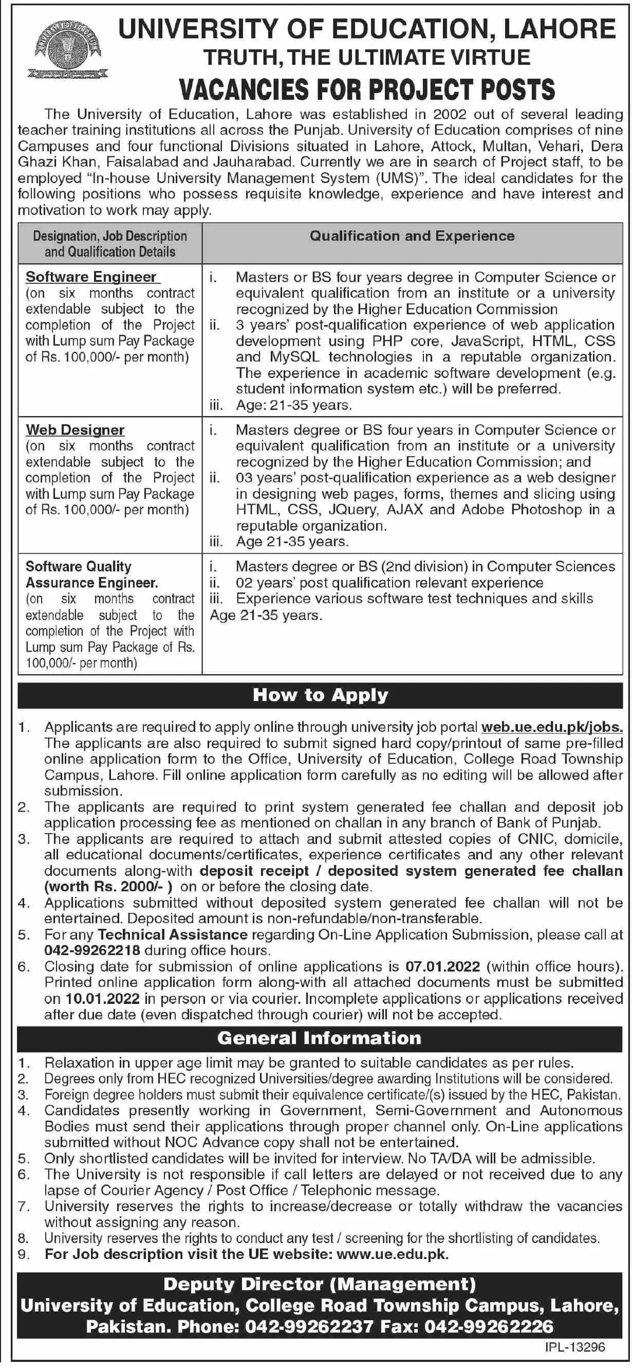 Jobs at University Of Education Lahore Jobs 2021 — original advertisement