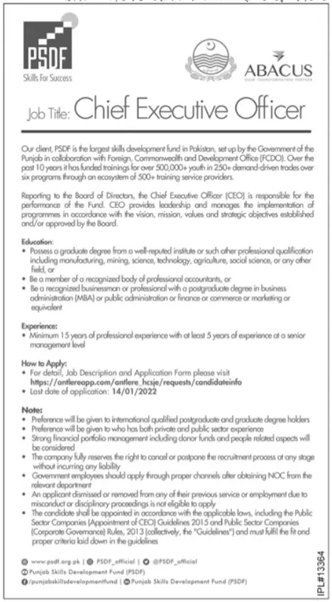 job at  PSDF cheif excutive officer Lahore – Private Company Jobs 2021 — original advertisement