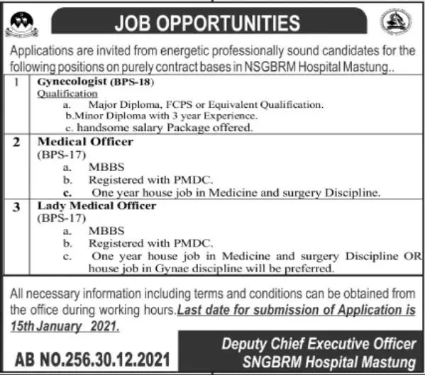 Job at NSGBRM Hospital Mastung – Nawab Shaheed Ghous Bakhsh Raisani Memorial Hospital Mastung Jobs 2022 — original advertisement