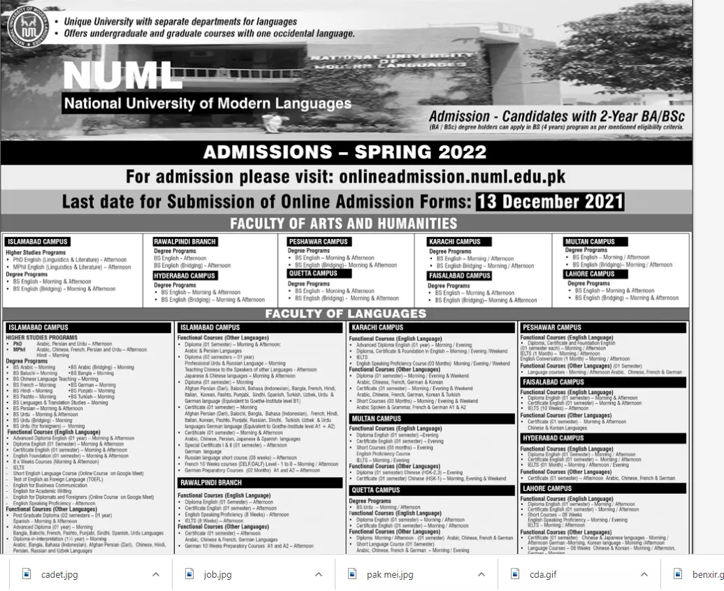Admission at NUML University Islamabad – National University of Modern Languages Islamabad Admissions 2022 — original advertisement