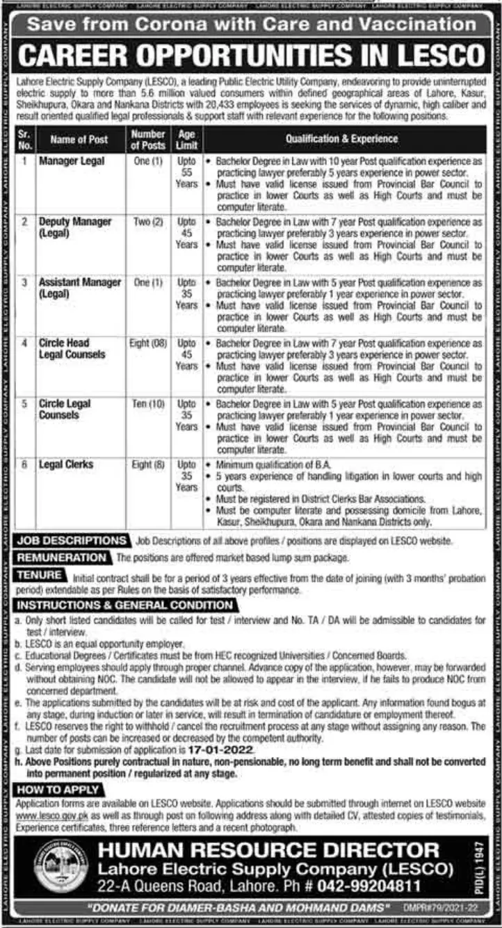 Jobs at  LESCO Lahore – Lahore Electric Supply Company LESCO Lahore Jobs 2022 — original advertisement