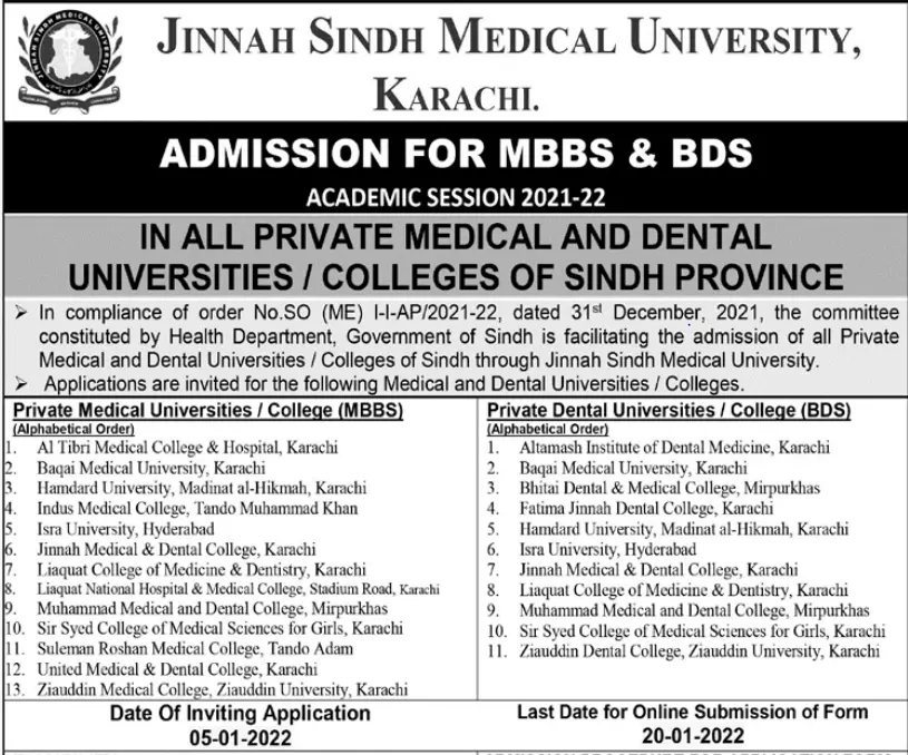 Admission  at Jinnah University Medical Karachi – Jinnah Sindh Medical University Karachi Admissions 2022 — original advertisement