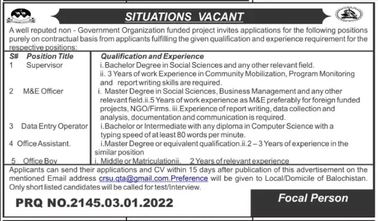 Non Govt Organization Balochistan Jobs 2022 – Non-Profit Organization Jobs 2022 — original advertisement