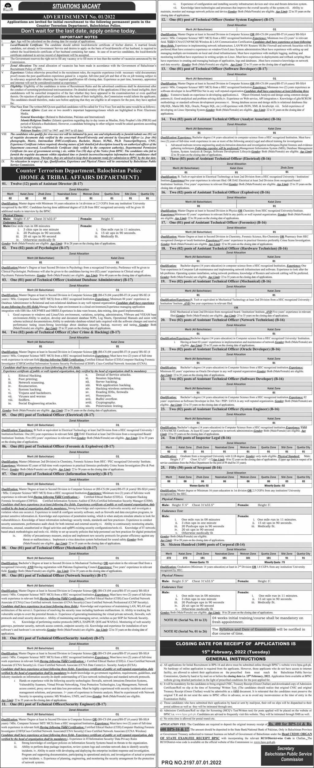 Balochistan Public Service Commission Jobs 01/2022 – Balochistan Public Service Commission Quetta Balochsitan Jobs 2022 — original advertisement
