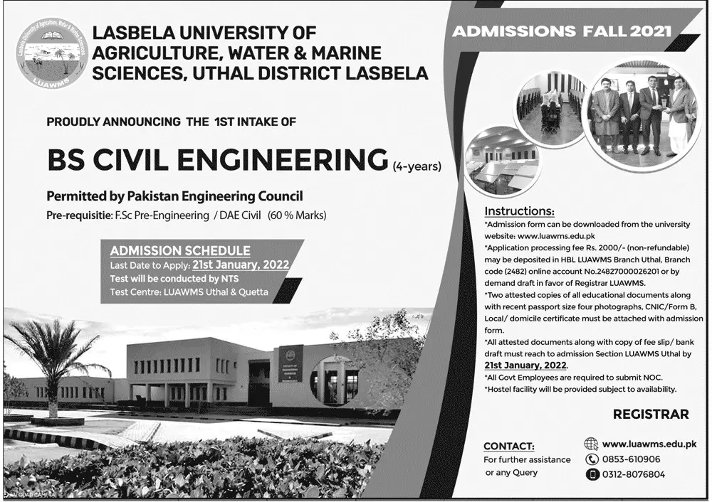 Lasbela University of Agriculture LUAWMS Admissions 2022 – Lasbela University of Agriculture, Water & Marine Sciences (LUAWMS) Uthal Admissions 2022 — original advertisement