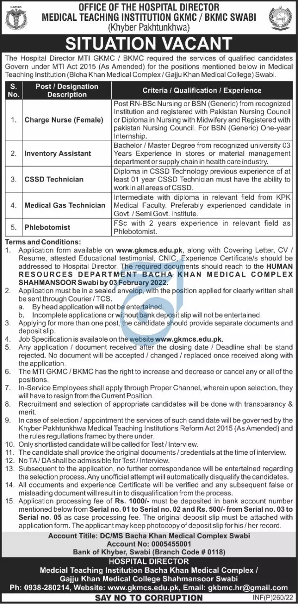 Medical Teaching Institution Swabi – Health Department KPK Jobs 2022 — original advertisement