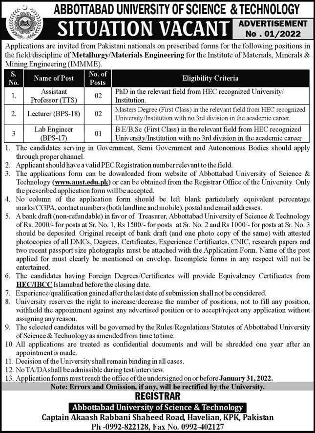 Jobs University of Science and Technology Abbotabad – Abbottabad University of Science and Technology Jobs 2022 — original advertisement