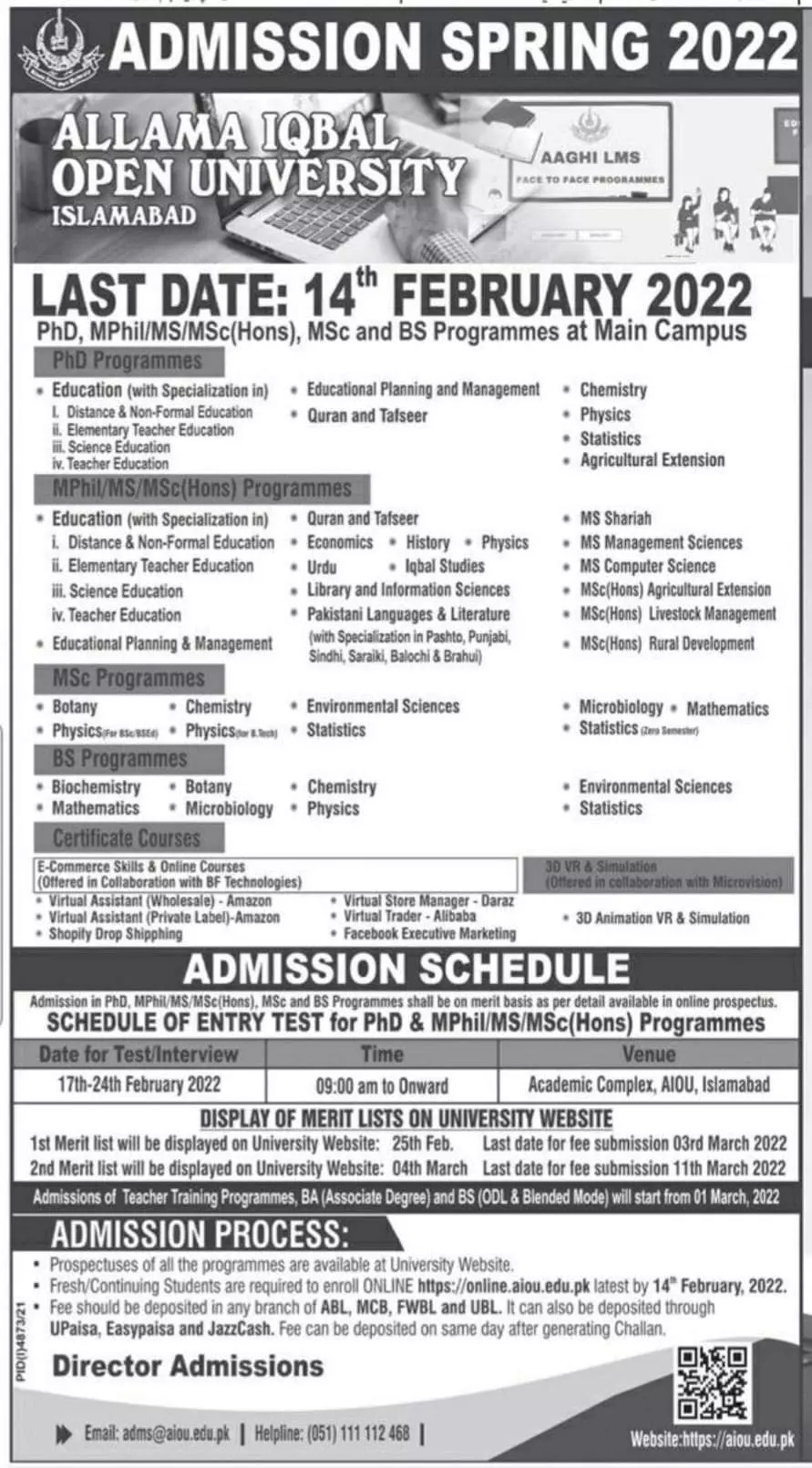 Allama Iqbal Open University Islamabad Admissions 2022 Admissions 2022 — original advertisement