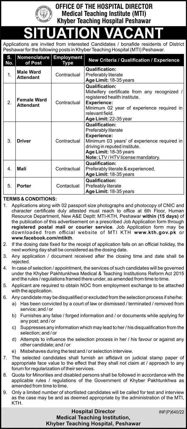 Medical Teaching Institute Peshawar Jobs 2022 – Medical Teaching Institute MTI Khyber Teaching Hospital Peshawar Kpk Jobs 2022 — original advertisement