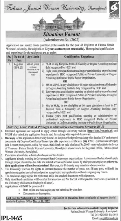 Fatima Jinnah Women University Rawalpindi Jobs Jobs 2022 — original advertisement