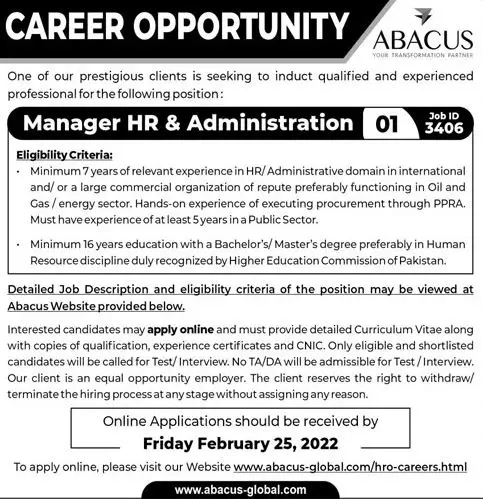 Manager HR & Administration Jobs In  ABACUS – Private Company Jobs 2022 — original advertisement