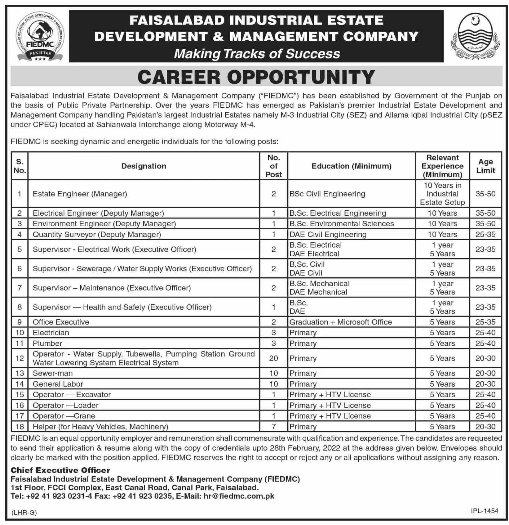 Faisalabad Industrial Estate Development & Management  Jobs – Punjab Industrial Estates Development & Management Company Jobs 2022 — original advertisement