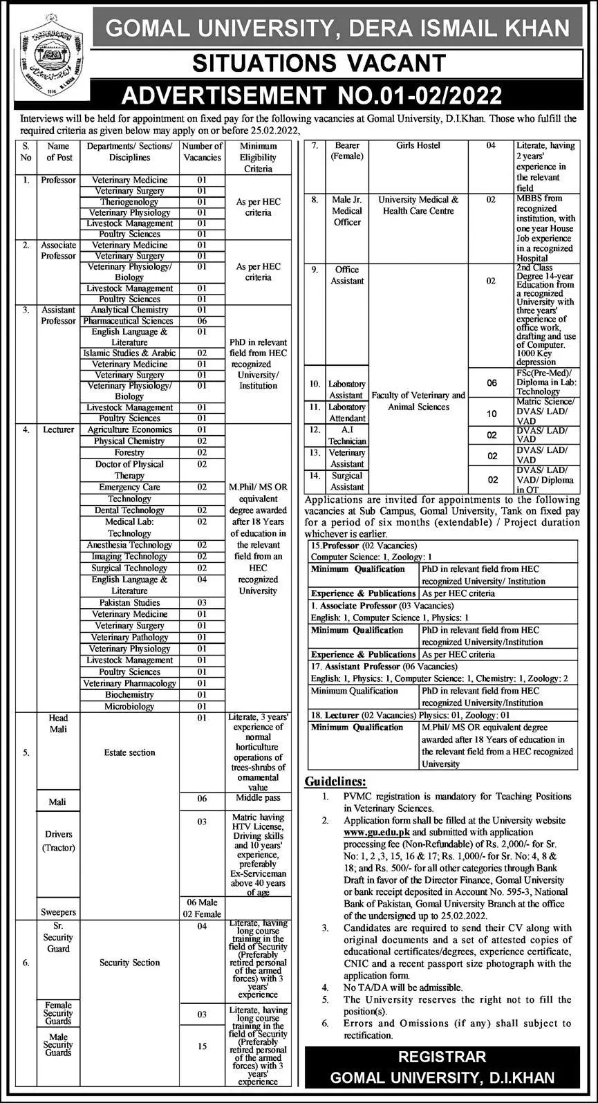 Gomal University Dera Ismail Khan Jobs Jobs 2022 — original advertisement