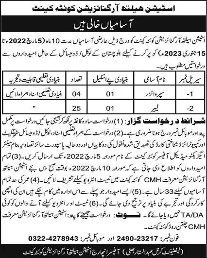 Station Health Organization Quetta Cantt Jobs – Private Sector Organization Jobs 2022 — original advertisement
