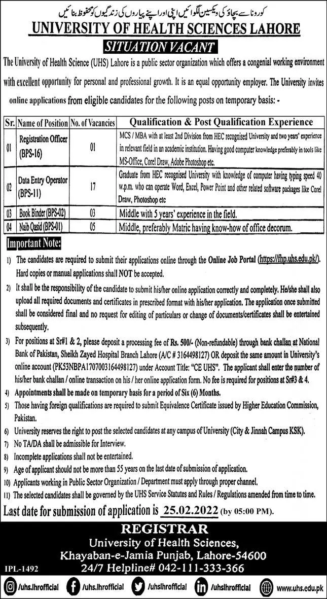 University of Health Sciences Lahore Jobs Jobs 2022 — original advertisement