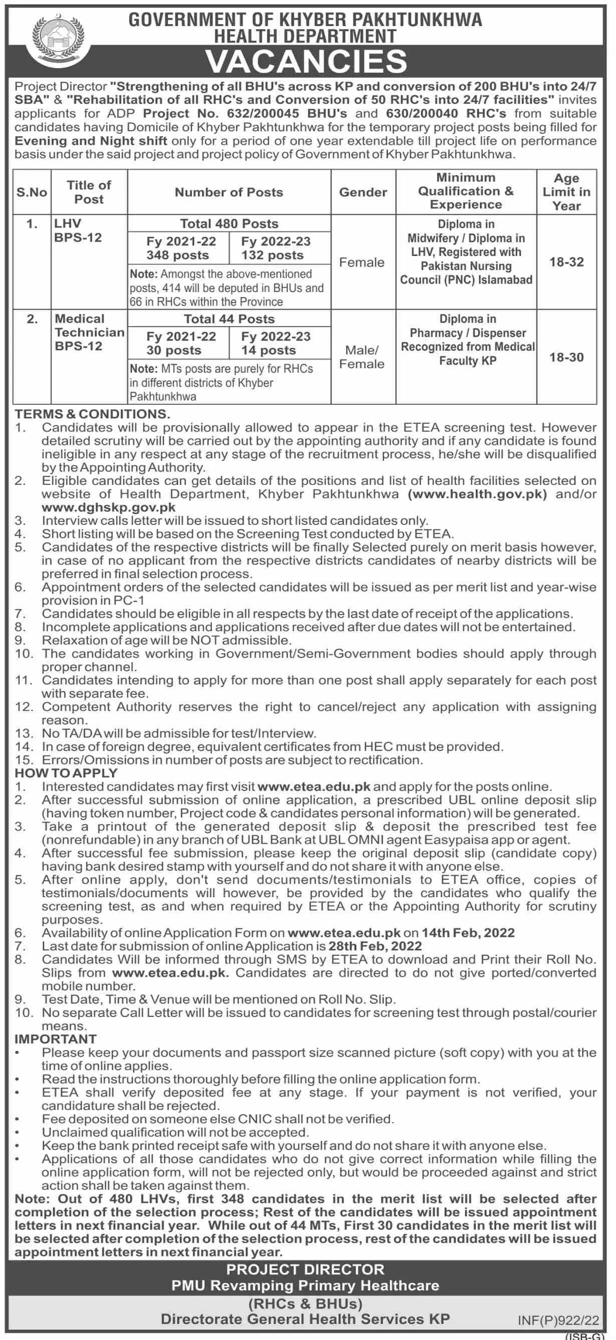 Government of Khyber Pakhtunkhwa Health Department Jobs – Health Department KPK Jobs 2022 — original advertisement