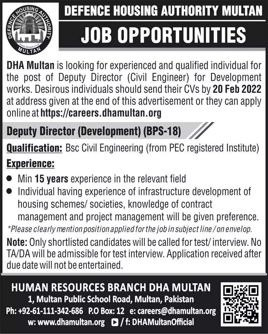 Pakistan Defence Housing Authority Multan Jobs Jobs 2022 — original advertisement