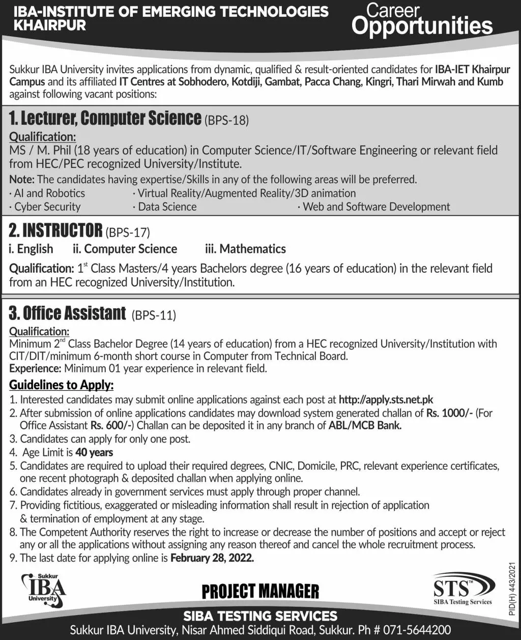 IBA Institute of Emerging Technologies, Khairpur JOBS – Sukkur IBA University Jobs 2022 — original advertisement