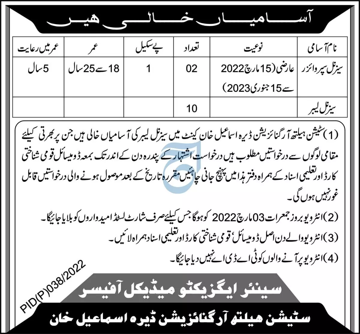Station Health Organization Dera Ismail Khan JOBS – Private Sector Organization Jobs 2022 — original advertisement