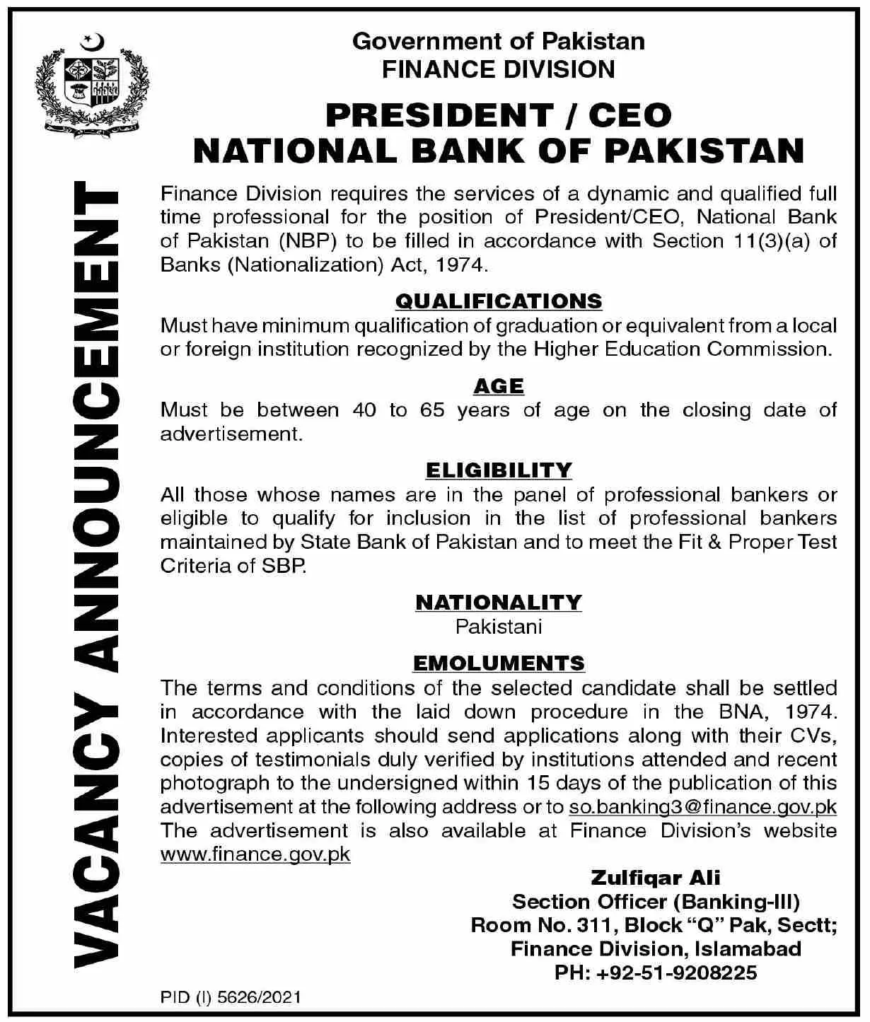 National Bank of Pakistan  Jobs Jobs 2022 — original advertisement