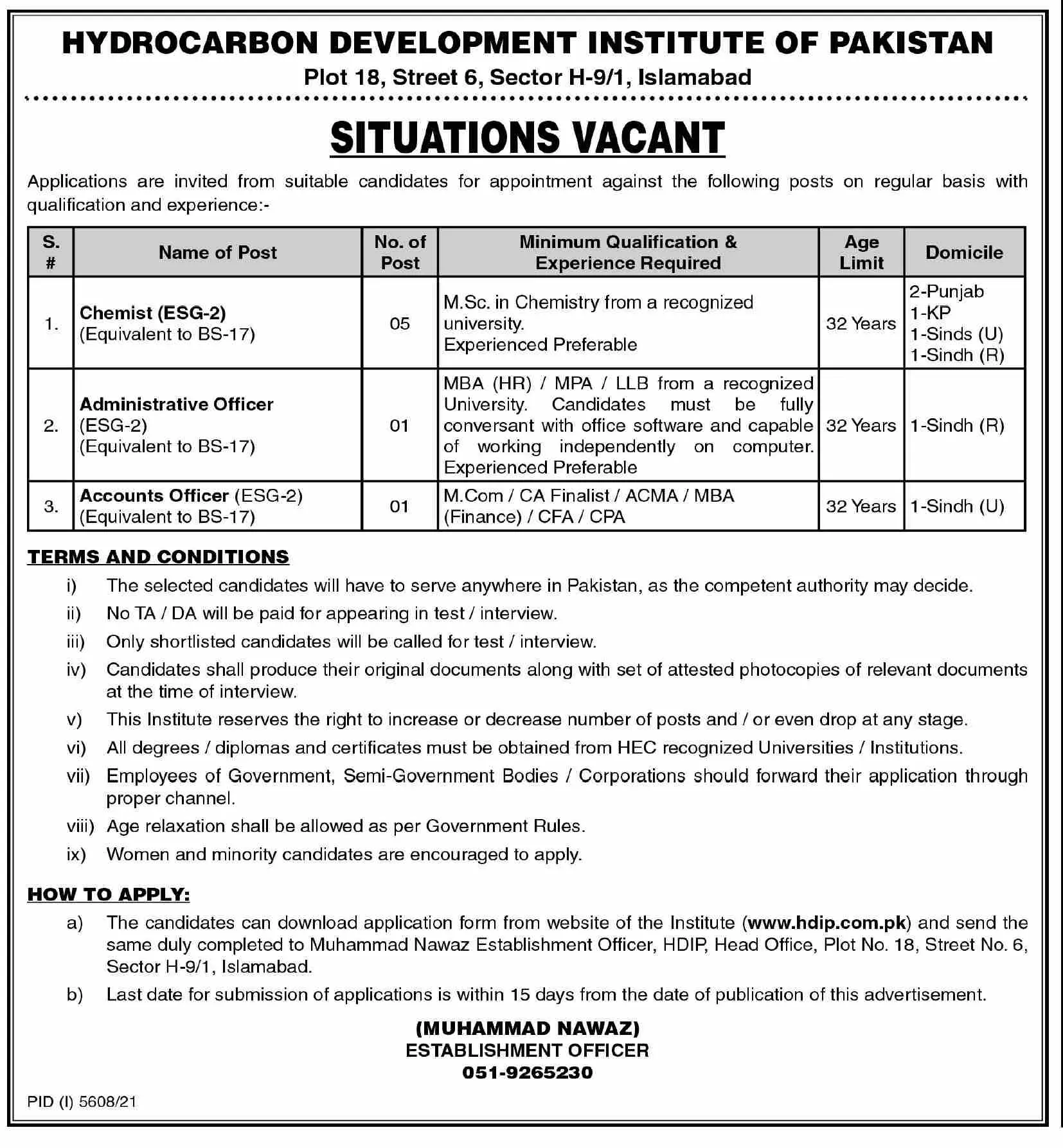 Hydrocarbon Development Institute of Pakistan JOBS Jobs 2022 — original advertisement