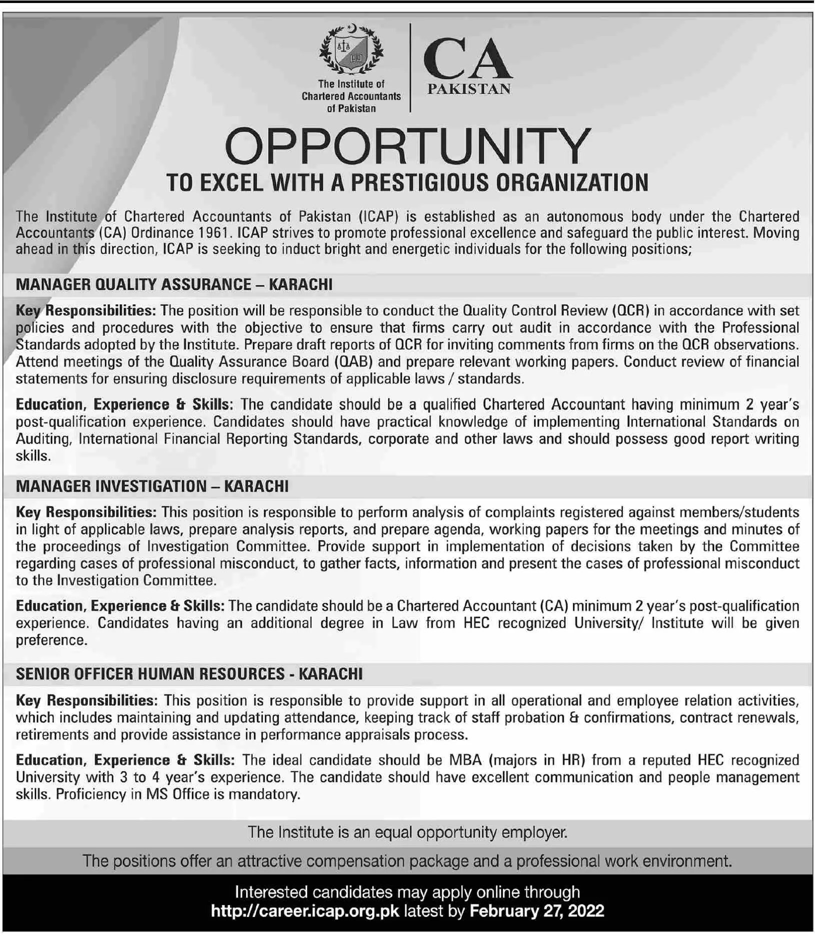 The Institute of Chartered Accountants of Pakistan JobS – Private Sector Organization Jobs 2022 — original advertisement