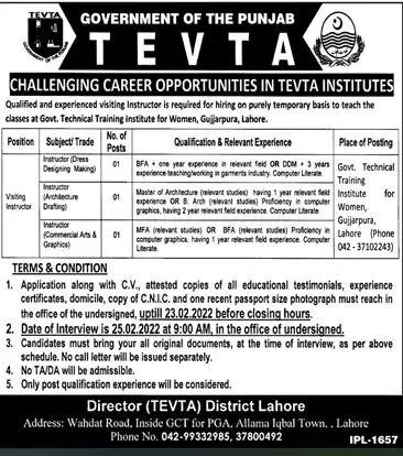 Government  Of Punjab (TAVTA) JOBS – Technical Education & Vocational Training Authority TEVTA Punjab Jobs 2022 — original advertisement