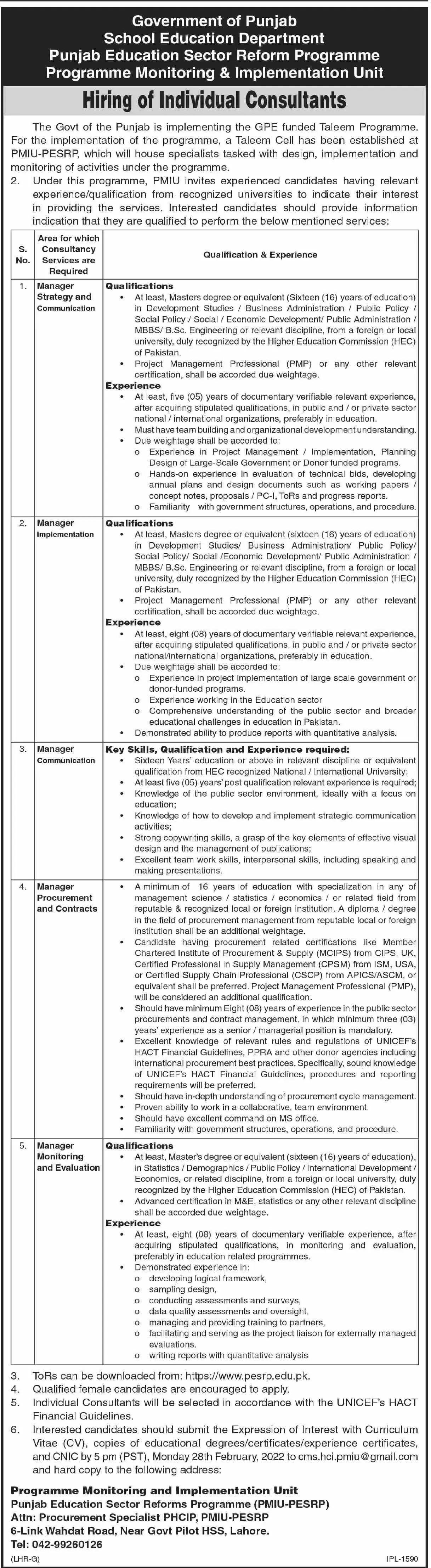 Programme Monitoring & Implementation Unit (PMIU) JOBS Jobs 2022 — original advertisement