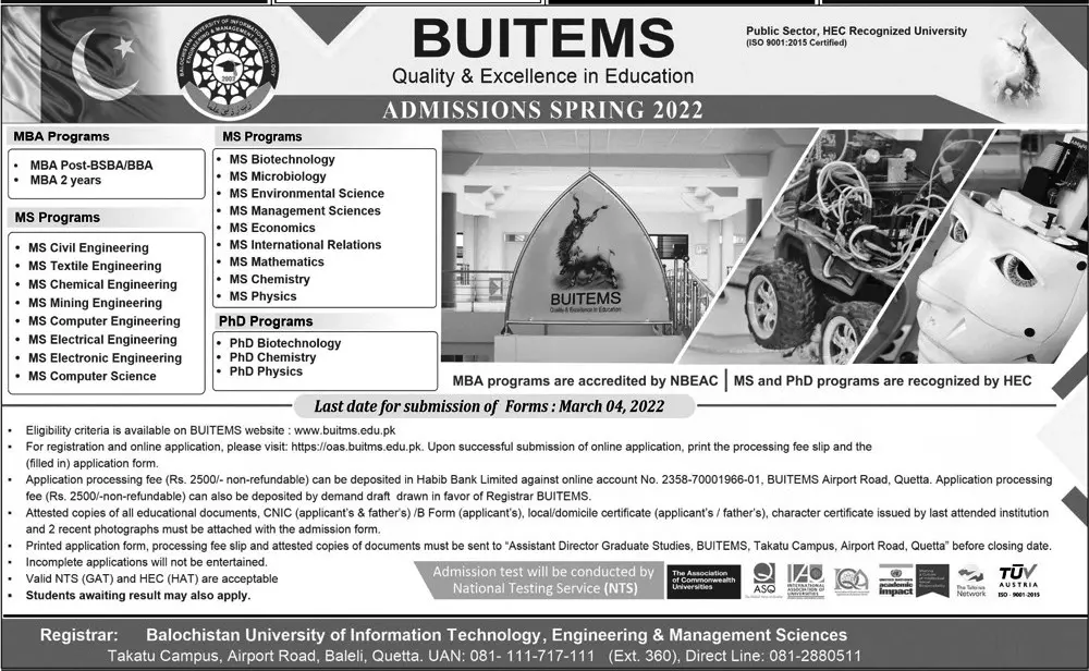University of Information Technology BUITMS admissions 2022 – Balochistan University of Information Technology & Management Science Quetta Admissions 2022 — original advertisement