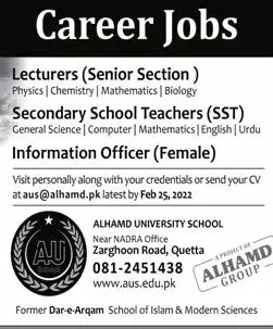 ALHAMD UNIVERSTY  SCHOOL Quetta JOBS – Alhamd Islamic University Quetta Jobs 2022 — original advertisement