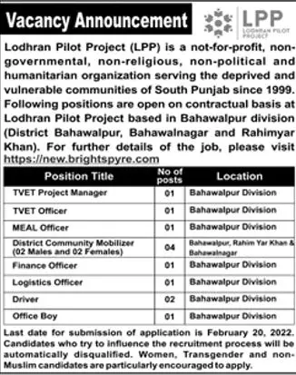 Lodhran Pilot Project (LPP) JOBS – Public Sector Organization Jobs 2022 — original advertisement