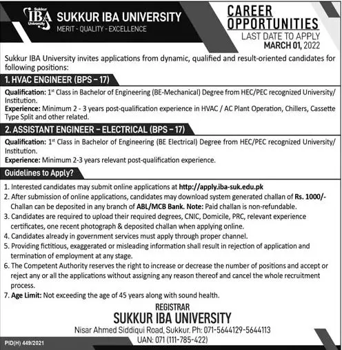 Sukkur IBA University JOBS Jobs 2022 — original advertisement