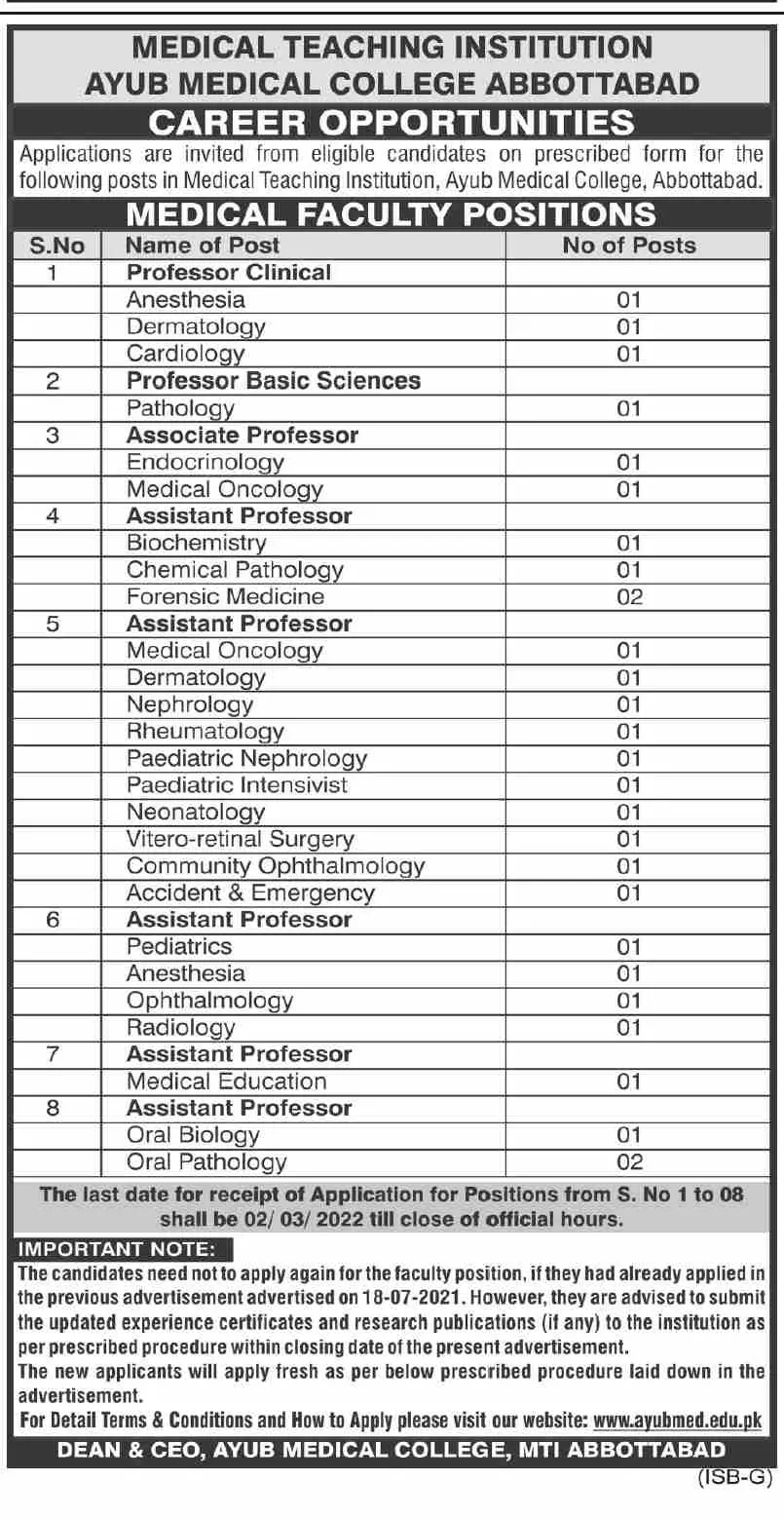 Ayub Medical College, Abbottabad JOBS – Ayub Medical and Teaching Institution Abbottabad Jobs 2022 — original advertisement
