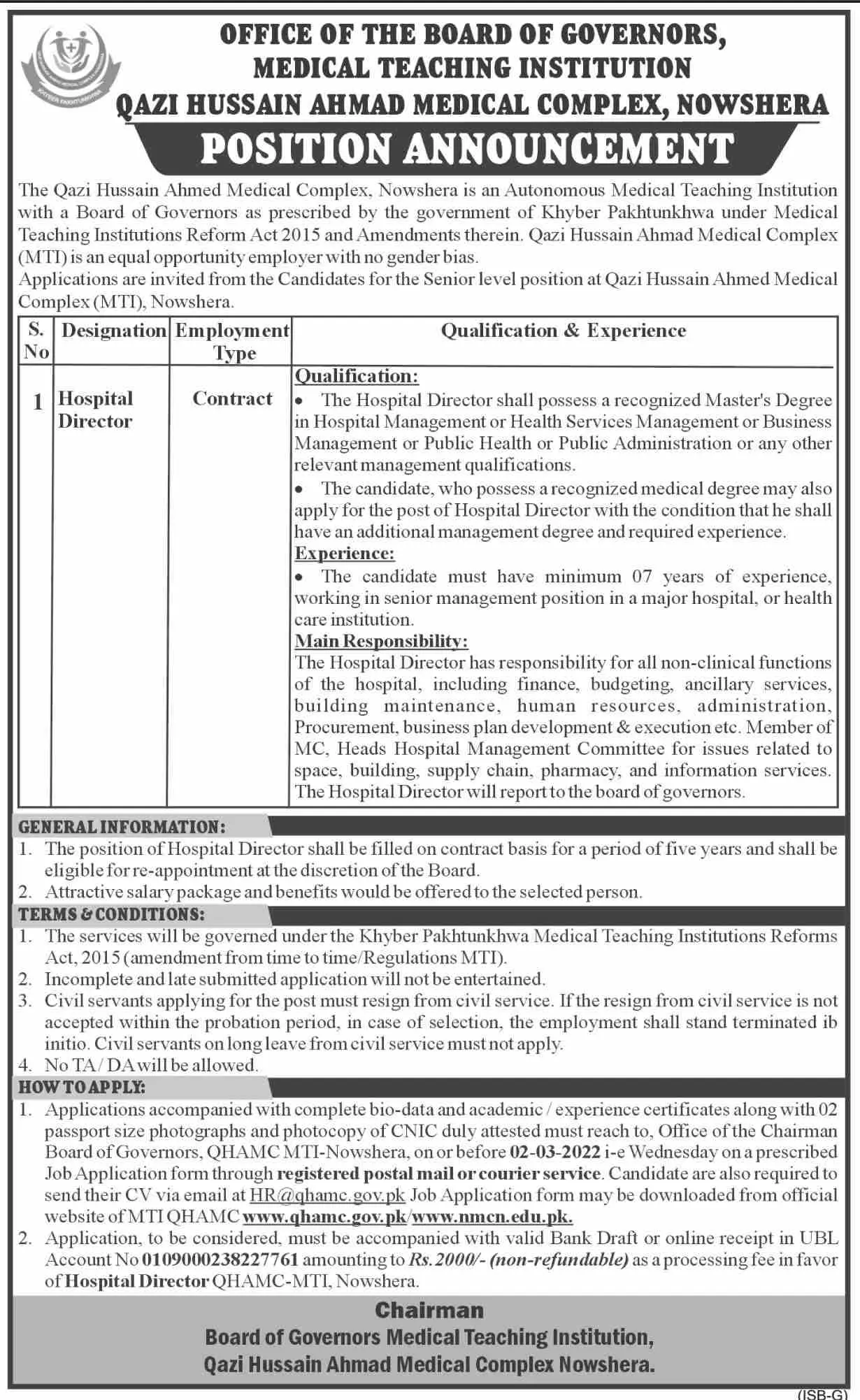 Qazi Hussain Ahmad Medical Complex Nowshera Jobs – Govt of Kpk Jobs 2022 — original advertisement