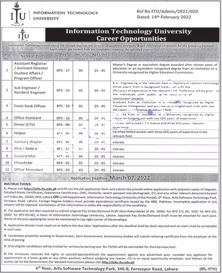 Information Technology University - Lahore jobs – Information Technology University of the Punjab Lahore Jobs 2022 — original advertisement