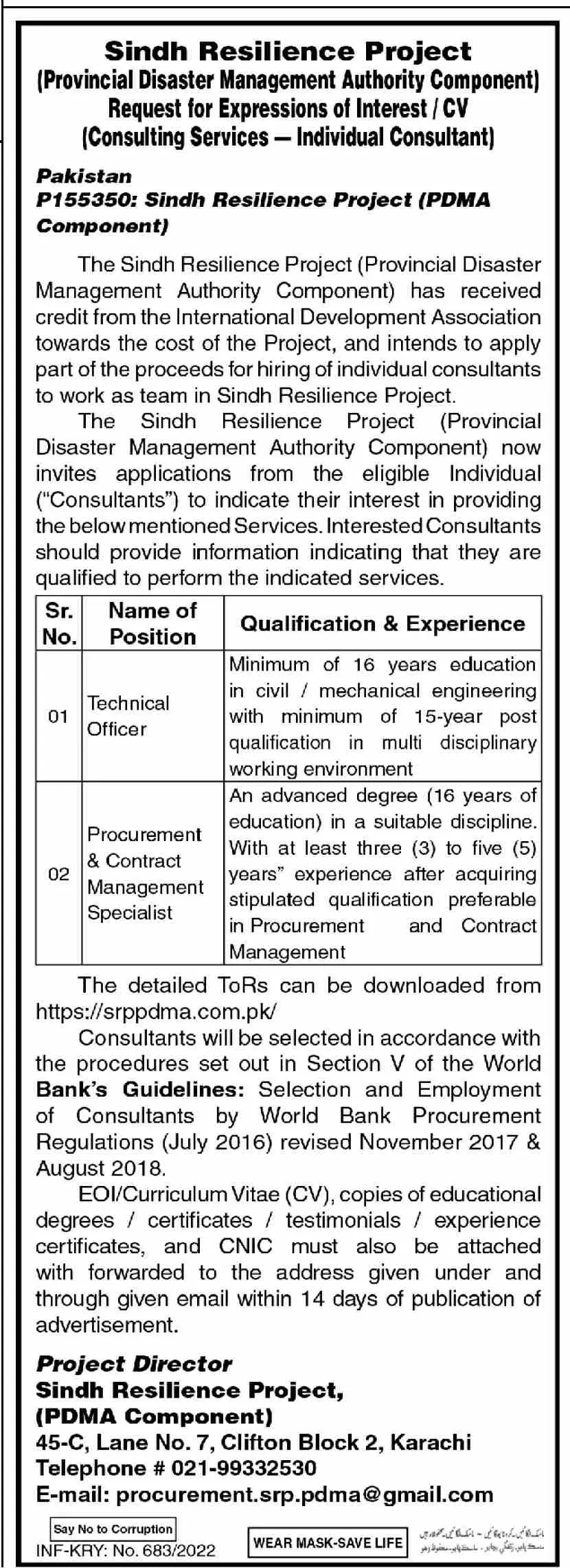 Sindh Resilience Project-PDMA component Jobs – Public Sector Organization Jobs 2022 — original advertisement