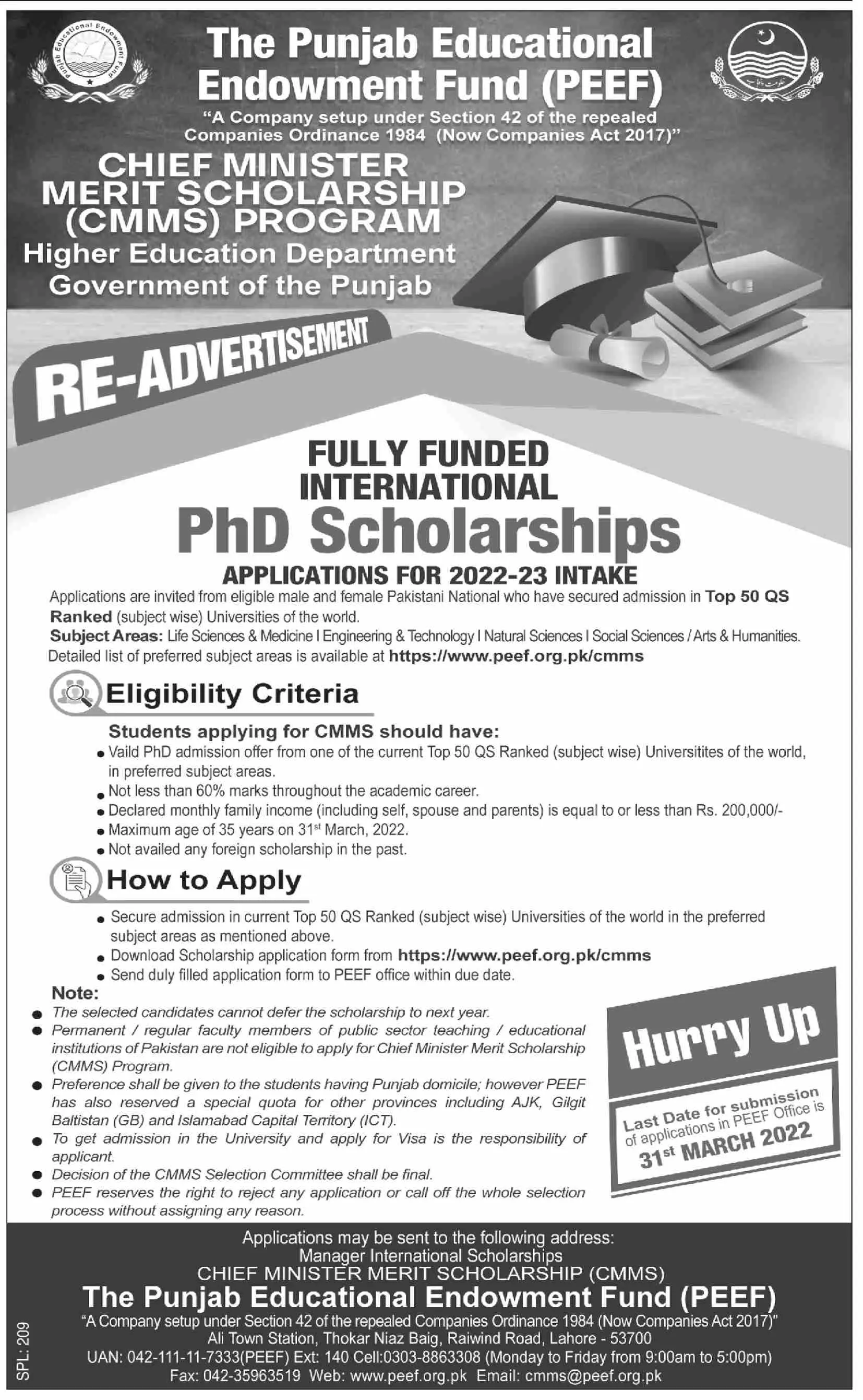 PUNJAB EDUCATIONAL ENDOWMENT FUND (PEEF) SCHOLARSHIPS – Punjab Educational Endowment Fund PEEF Scholarships 2022 — original advertisement