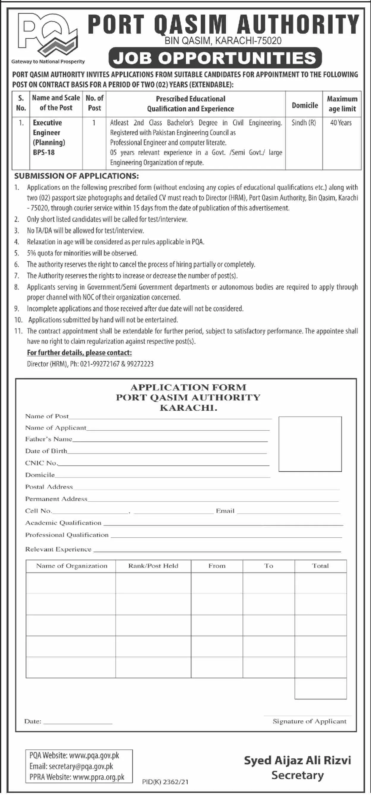 Port Qasim Authority KARACHI JOBS Jobs 2022 — original advertisement