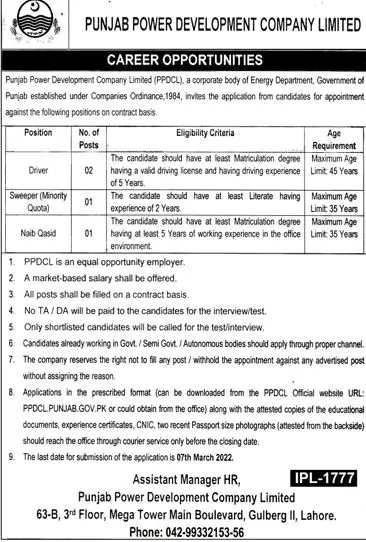 Punjab Power Development Company Limited JOBS – Private Company Jobs 2022 — original advertisement
