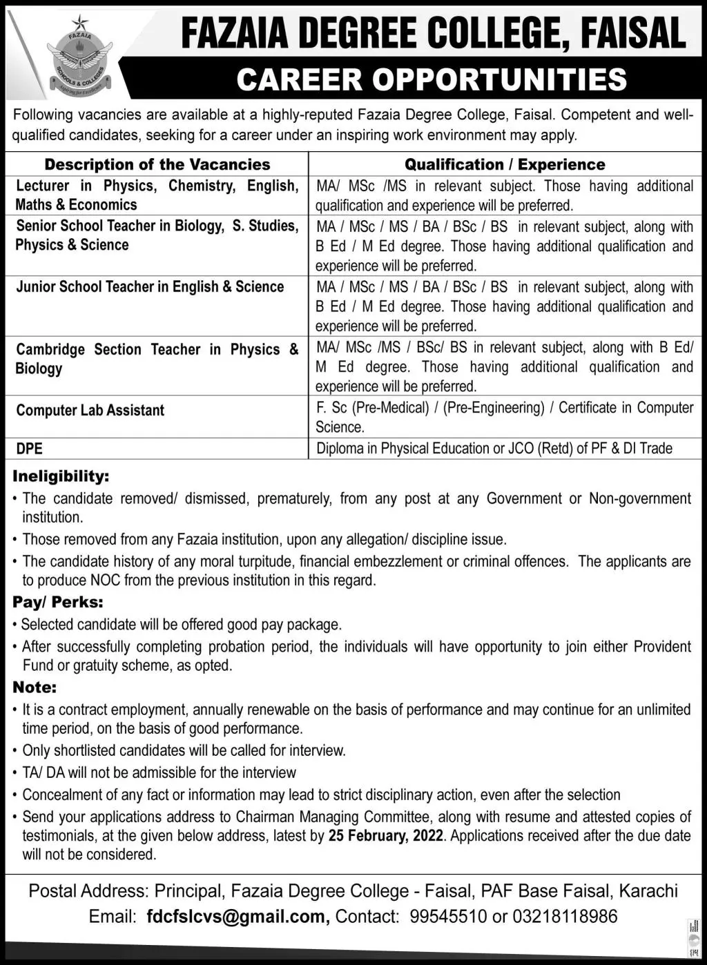 Fazaia Degree College Faisal Jobs – Fazaia Schools & Colleges Jobs 2022 — original advertisement