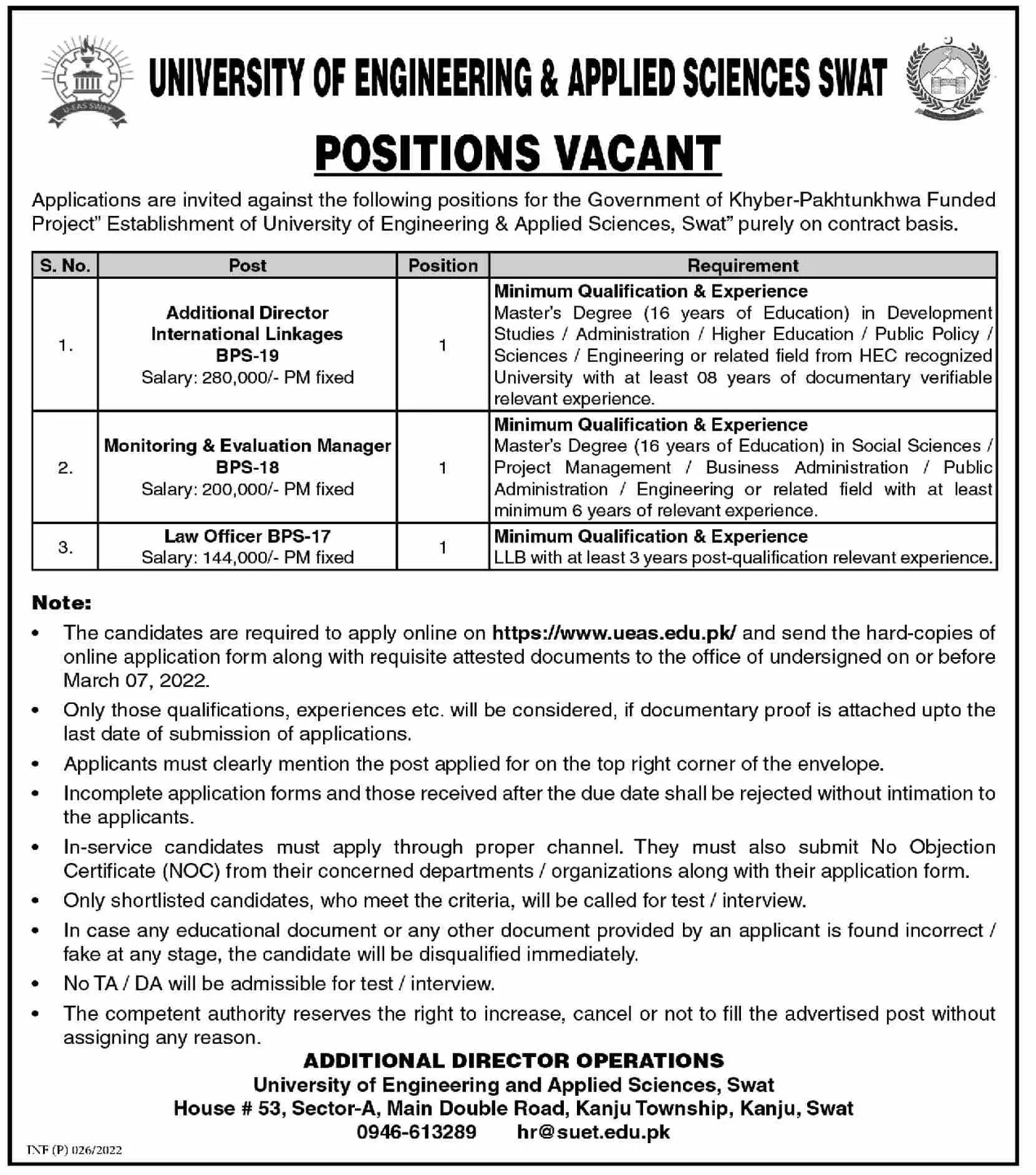 University Of Engineering & Applied Sciences Swat JOBS – Govt of Kpk Jobs 2022 — original advertisement