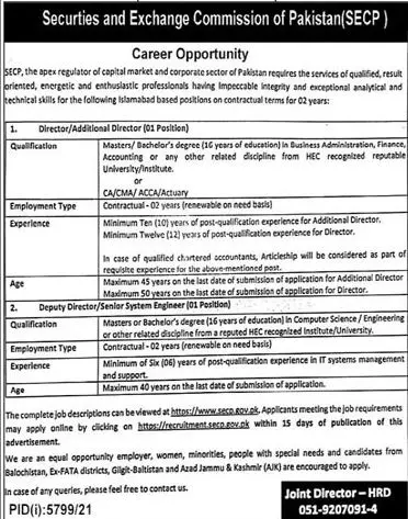 Securities & Exchange Commission of Pakistan – Private Company Jobs 2022 — original advertisement
