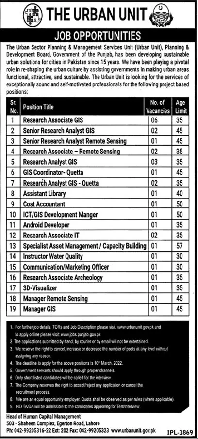 The URBEN UNIT PUNJAB JOBS – The Urban Unit Punjab Jobs 2022 — original advertisement