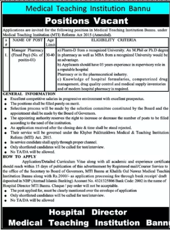 Medical Teaching Institution Bannu Jobs Jobs 2022 — original advertisement